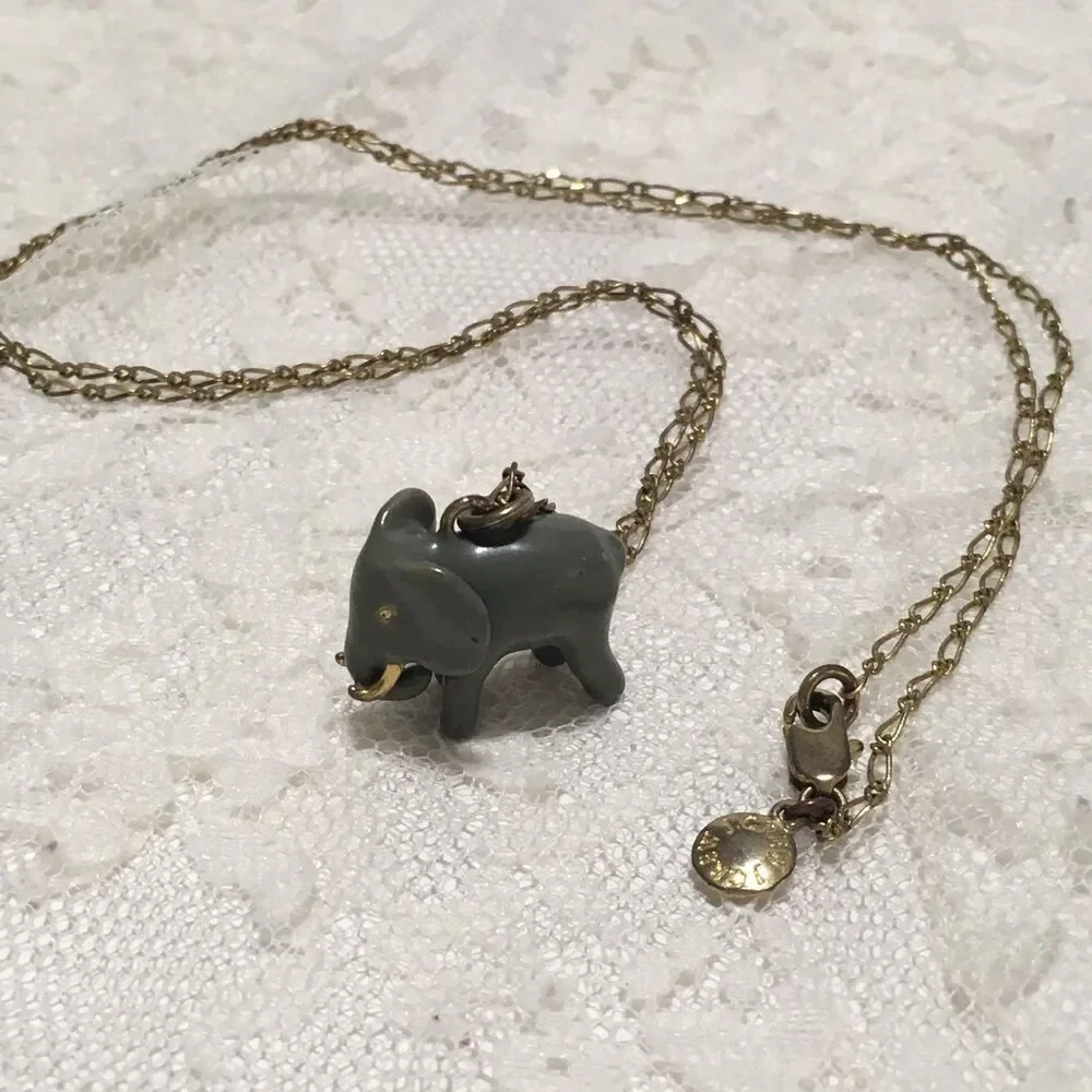 J.Crew Gray Enamel Elephant Charm Pendant Necklace Gold Tone apprx 25